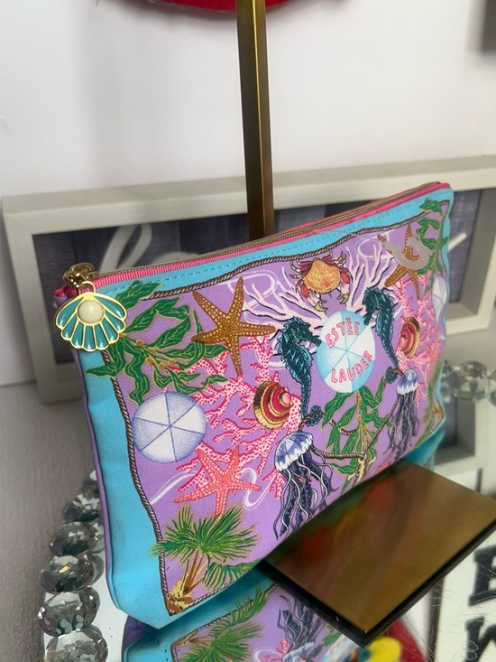 Estee Lauder Handbags - Estee Lauder Pink & Turquoise Sea Life canvas Cosmetic Pouch